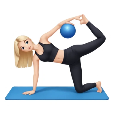 generate a pretty woman in black gym clothes doing pilates on a blue mat with a small blue ball sticker