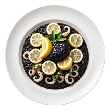 cinematic-realistic-black-risotto-dish,-showcasing-small squid pieces-rendered-with-bold-textures-and-dynamic,-dramatic-lighting in a white plate with a grilled lemon on top sticker