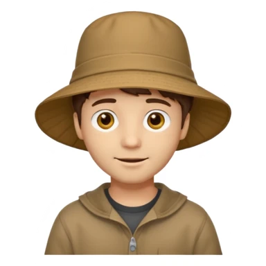 A light-skinned man with short brown hair, golden-brown eyes, and a soft smile, wearing a wide-brimmed brown bucket hat. sticker