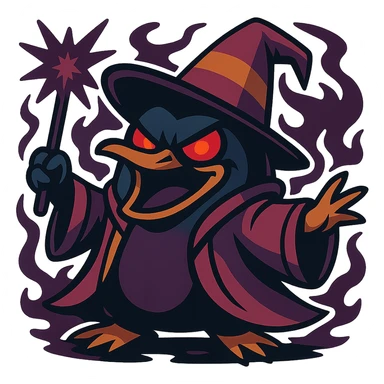 Make the crazy wizard penguin look evil, with a sinister expression, glowing red eyes, and dark magical aura in a vibrant cartoon style. sticker