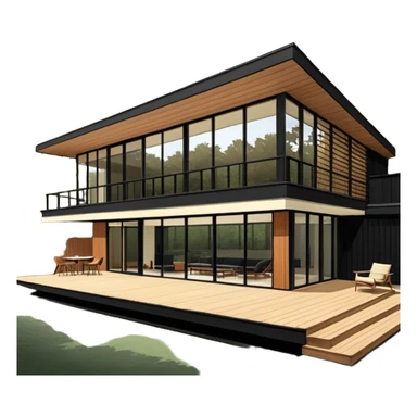 midcentury modern house with 1000 sqft and all windows and a sliding windows on corner. Single story. High ceilings, black and vertical wood slats for outside walls of home. Wood deck with complementary but different wood and shade from larger wood slats. With overhanging shade and slats. sticker