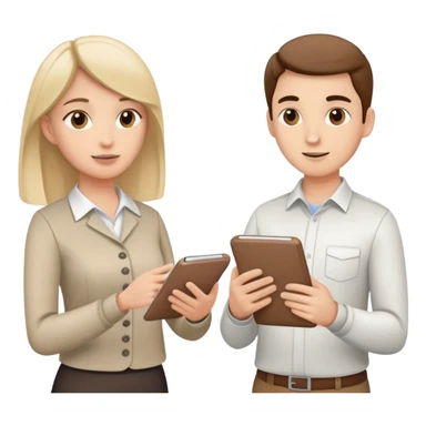 Two team members facing each other, one holding a notepad and the other gesturing, in a collaborative pose sticker