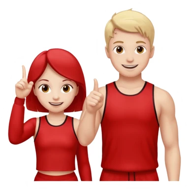 Girl and boy in red gym clothes who points out sticker