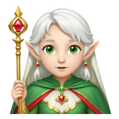 an elf with very white hair and two long PONYTAILS/pigtails on the side of her head, she has a curtain bang, green eyes, she has a white cape with golden borders and a scepter with a red orb, she has earrings that look like red drops sticker