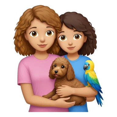 One girl with medium long dark brown hair dressing baby pink T-shirt, hugging One little brown coated labradoodle and a yellow-headed, blue-bellied macaw sticker