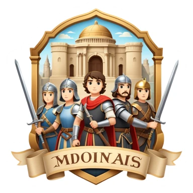 Icon for Historical Movies: A vintage movie poster-style design with elements of ancient architecture, historical figures in period costumes, and a backdrop of a historical event or battle. Include scrolls, swords, and shields. Retro cinematic feel. Transparent background. sticker