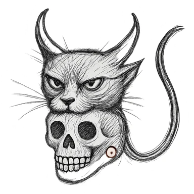 Make the black cat with demon horns and skull less cartoonish, more realistic hand drawn style, expressive linework, no fill, preserve the red spiral on the skull, transparent background. sticker