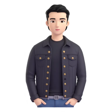 3D emoji Microsoft style, young man with black hair, wearing black t-shirt and black denim jacket, based on photo reference sticker
