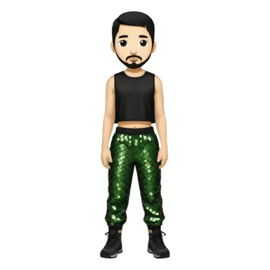 Mike Shinoda with black hair, black sequin crop top, olive sequin baggy pants sticker