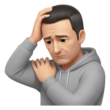 A man who is depressed with his left arm draped over the top of his head so the inside of his left elbow is on the very top of his head where hair grows from and his left hand is touching his right shoulder sticker