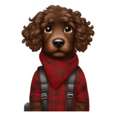 Chocolate colored doodle with wavy hair wearing a red and black flannel handkerchief with a carryon suitcase sticker