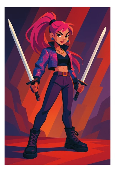 Zoey, K-pop star and demon hunter, dual swords, dramatic lighting, confident stance, modern fantasy style sticker