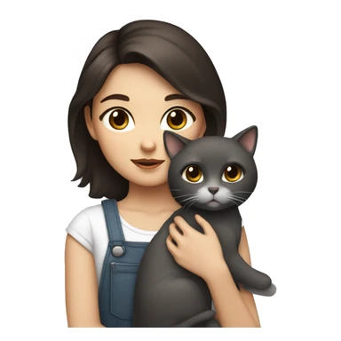 A girl with brown eyes and dark brown hair holding a white and dark grey cat  sticker
