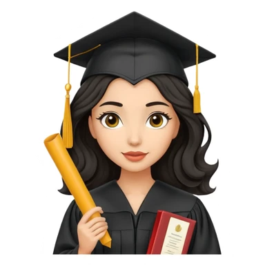 beautiful olive-skinned woman with wavy black hair wearing graduation cap and gown, holding diploma sticker