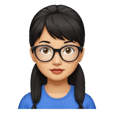 filipino woman black hair in one pony tail with straight bangs and big glasses, 50 yr old sticker