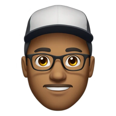 Young man, with brown hair and brown beard, thick eyebrows and black sight glasses. Big nose. Half closed brown eyes. Wearing a Nike cap sticker