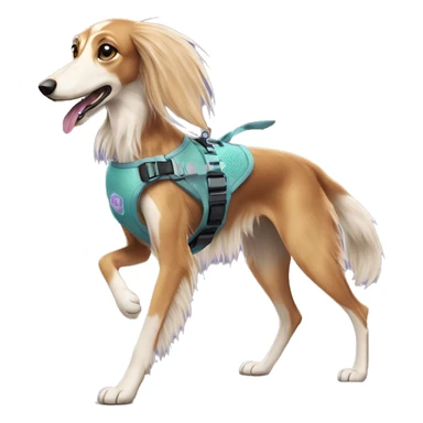 Fluffy dog saluki with tattoos and holographic harness running sticker