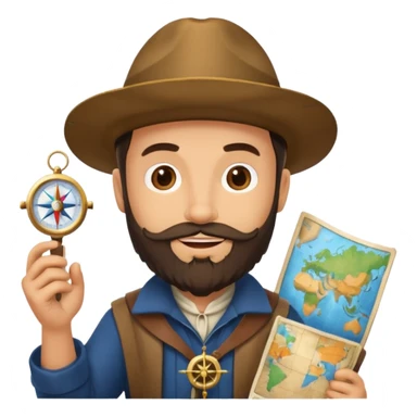 Magellan with a beard, holding a map and a compass, dressed in historical explorer attire, cheerful emoji style sticker