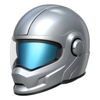 A futuristic helmet emoji made of silver chrome, smooth aerodynamic shape, minimal visor detail, reflective metallic surface, sci-fi aesthetic, iOS emoji style, centered on clean white background sticker