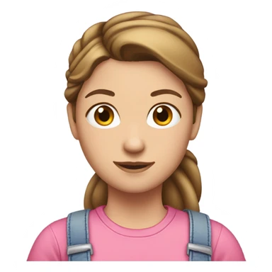 A white woman with brown hair in pony tail wearing pink headband, pink t shirt and overalls  sticker