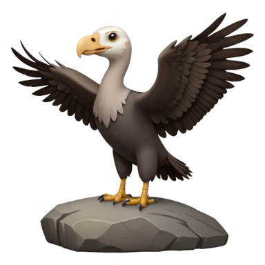 a vulture — large bird with dark brown feathers, bald WHİTE head, curved beak and sharp eyes — standing proudly on a rock — wings slightly open — realistic yet cute cartoon emoji look, clean lighting, soft shadows. sticker