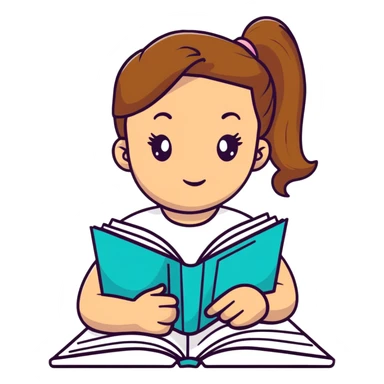 Cute girl with ponytail reading from an open notebook sticker