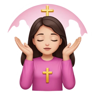 Girl long dark brown hair light medium skin worship God hands lifted eyes closed  pink shirt no cross sticker