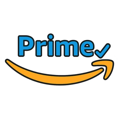 Add an Amazon Prime element such as a blue checkmark or 'Prime' swoosh to the Amazon smile arrow icon. Keep the style bold and recognizable with no background. sticker