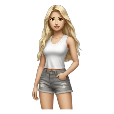 hyperrealist caucasian girl, long straight blonde hair, white v-neck laced crop tanktop, grey tight jean shorts, sneakers sticker