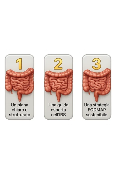 emoji stile iphone di 3 targhette numerate con intestino realistico davanti ad ogni targhetta, le targhette sono:
"1 – Un piano chiaro e strutturato
2 – Una guida esperta nell’IBS
3 – Una strategia FODMAP sostenibile"
, iperrealistico 4k sticker