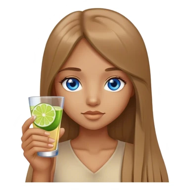 tan girl, long light brown straight hair, blue eyes, holding a shot with lime sticker