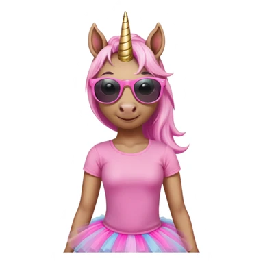 friendly anthropomorphised female unicorn with horse-like face, in tutu and pink t-shirt, wearing dark sunglasses, relaxed pose, close-crop head and shoulders portrait sticker