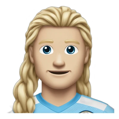 Realistic Erling Braut Haaland has long hair, in a catogan. He is wearing Manchester City football shirt.It has the numéro 9 sticker