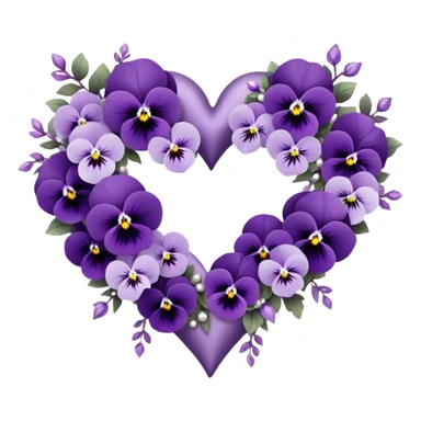 A meticulously crafted heart-shaped floral arrangement featuring deep lilac hues and delicate ice violet pansies, elegantly intertwined with amethyst-colored blossoms and soft pastel purple accents, rests gracefully upon a luxurious pearl satin fabric, shimmering under the light with intricate silver embellishments. sticker