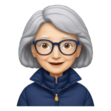 old wo man in navy puffy winter coat, wearing glasses sticker