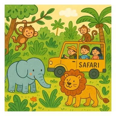 hand drawn digital illustration of jungle safari in the style of children's illustration sticker