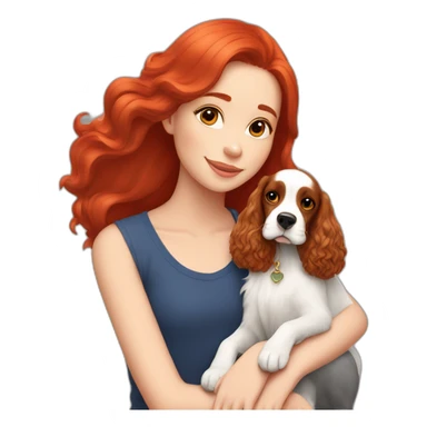 girl in long red hair sits with tricolor cocker spaniel sticker