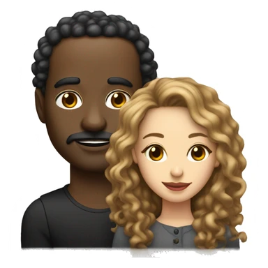 Light skin girl with long curly brown hair with red at the bottom and a black bald man with a bread and mustache sticker