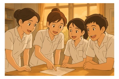 Four nursing students inspired by reference photos, collaborating and interacting indoors, Ghibli style. White short-sleeve uniforms with V-neck, left chest pocket, medical tunic type, no collar stand or stethoscopes, bare forearms, long hair tied for those concerned. Warm and dynamic atmosphere, soft details, bright interior. sticker