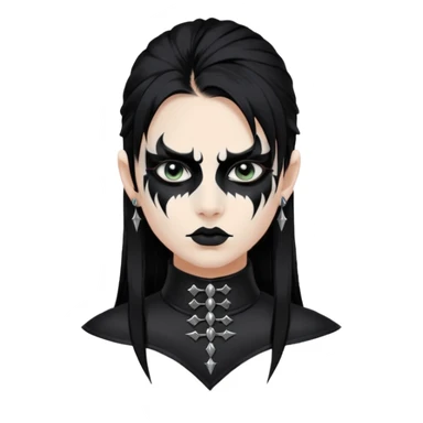 Crea una ragazza con stile black metal,  paint face black metal, capelli neri mossi dalle spalle e occhi bianchi e un collare con borchie a punta sticker