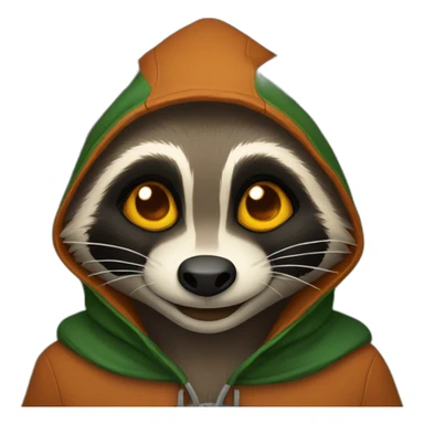 brown raccoon with orange eyes and a dark green hood that is smiling sticker