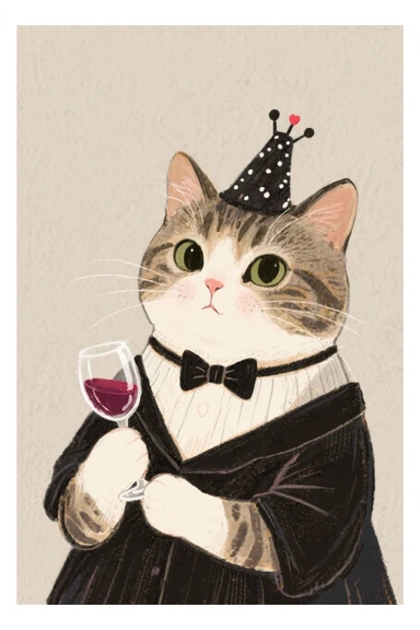 кот с бокалом вина в лапе в нарисованном стиле с нейтральным фоном sticker