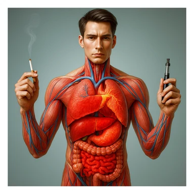Medical illustration, hyperrealistic 4K, realistic anatomical human body, inflamed liver and intestine highlighted, holding a lit normal cigarette in the right hand and an electronic cigarette in the left hand, clear background, extremely detailed, same lighting and style as the provided reference image. sticker