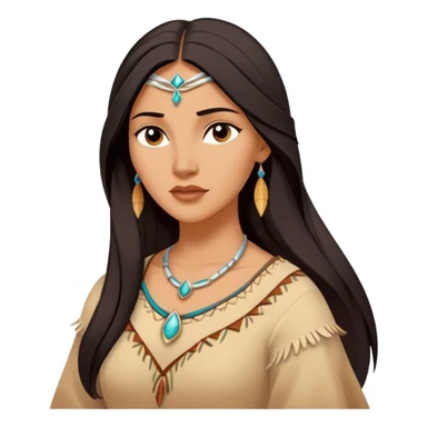 Cinematic Serene Pocahontas Portrait Emoji, rendered in a realistic, simplified vector style. Depict a gentle Pocahontas (chest and above) with warm, glowing skin, loosely flowing dark hair, and a calm, reflective expression, wearing modest traditional attire in earthy hues. The image is bathed in a soft, inviting glow with high shine and a soft glowing outline. sticker