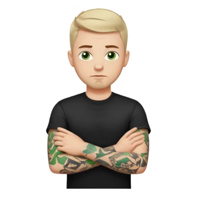 White young man with short dark taper fade hair cut and slight goatee and neutral expression with his arms folded. Green eyes and arm tattoos sticker