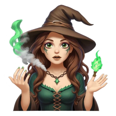 forest witch woman long wavy brown hair tattoos blowing glowing powder toward viewer sticker