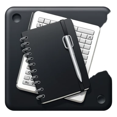 Minimalistic flat vector icon, iOS style, thin black contour on white background. Small black notebook with visible binding, placed next to a calculator. Clean, modern, no text, no shadows. sticker