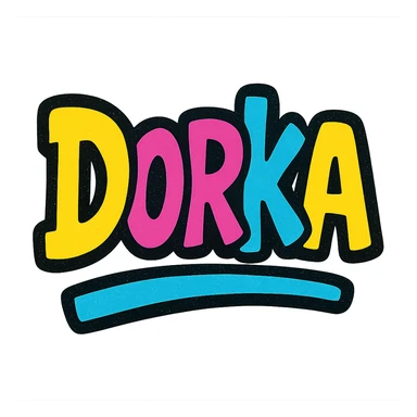 Dorka name in modern colorful gradient font with dark outline, dynamic slanted or partial underline, in the style of reference patterns sticker