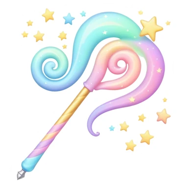 Cinematic cute magical wand, pastel swirls of color, tiny twinkling stars floating around, glowing softly, chubby rounded edges, whimsical and dreamy. sticker