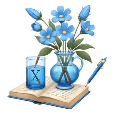 old blue book with light blue flowers in a glass vase and a writing quill, simple and clear composition, iOS style emoji sticker